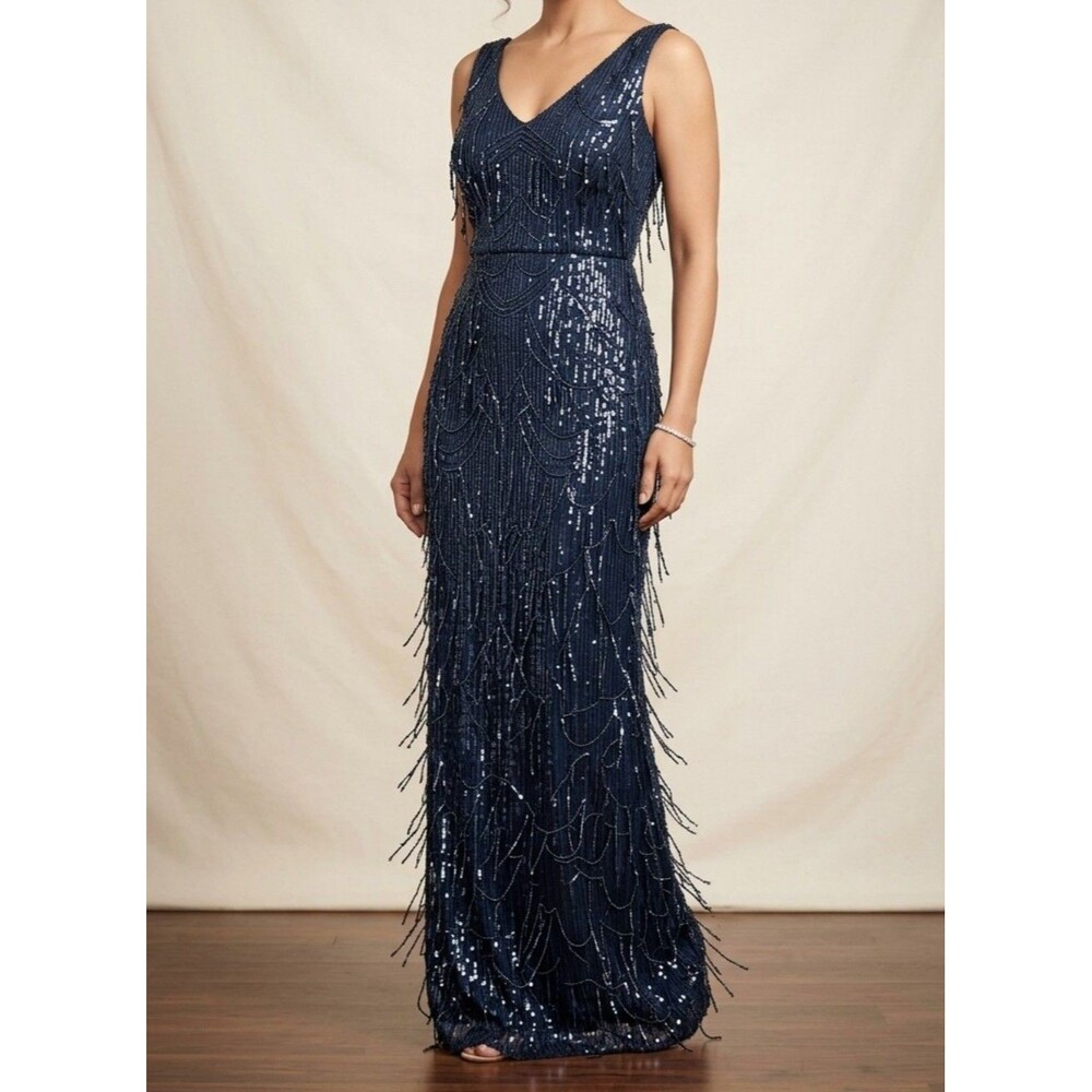 R&M Richards Navy Sequin
Fringe Evening Gown